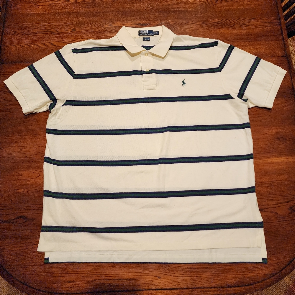 Ralph Lauren White material Polo with green and dark blue stipes.
